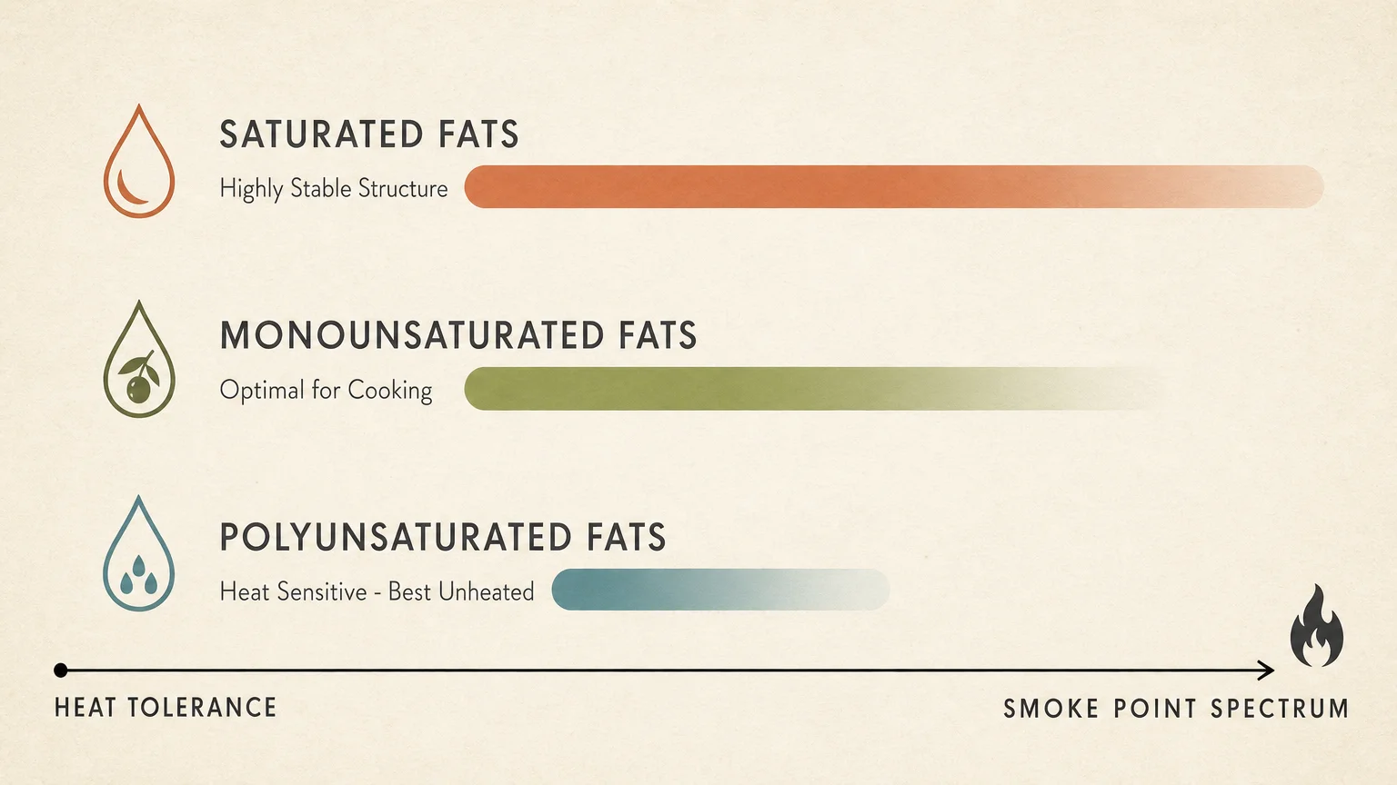 A minimalist horizontal diagram displaying the heat tolerance spectrum of saturated, monounsaturated, and polyunsaturated fats.