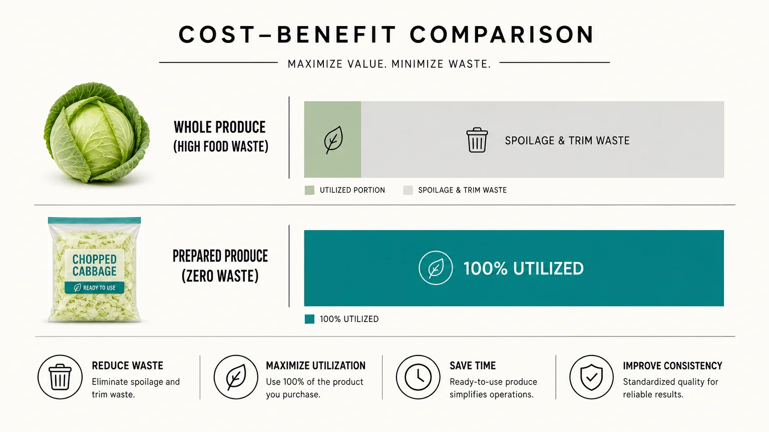 A minimalist infographic comparing food waste, showing high waste with whole produce versus zero waste with prepared produce.