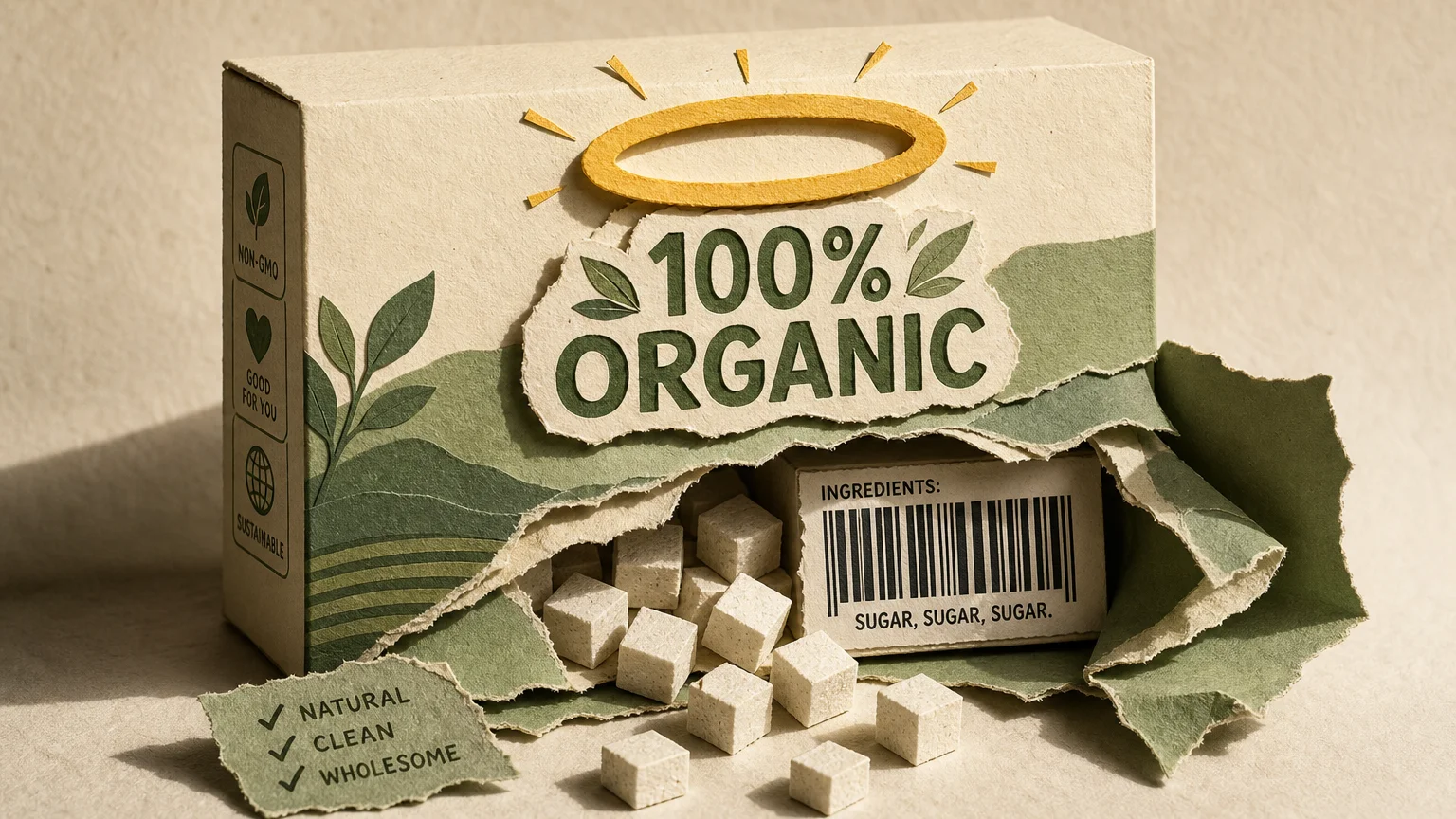 A paper collage of a food box labeled organic with a halo, peeling back to reveal hidden sugar cubes underneath.