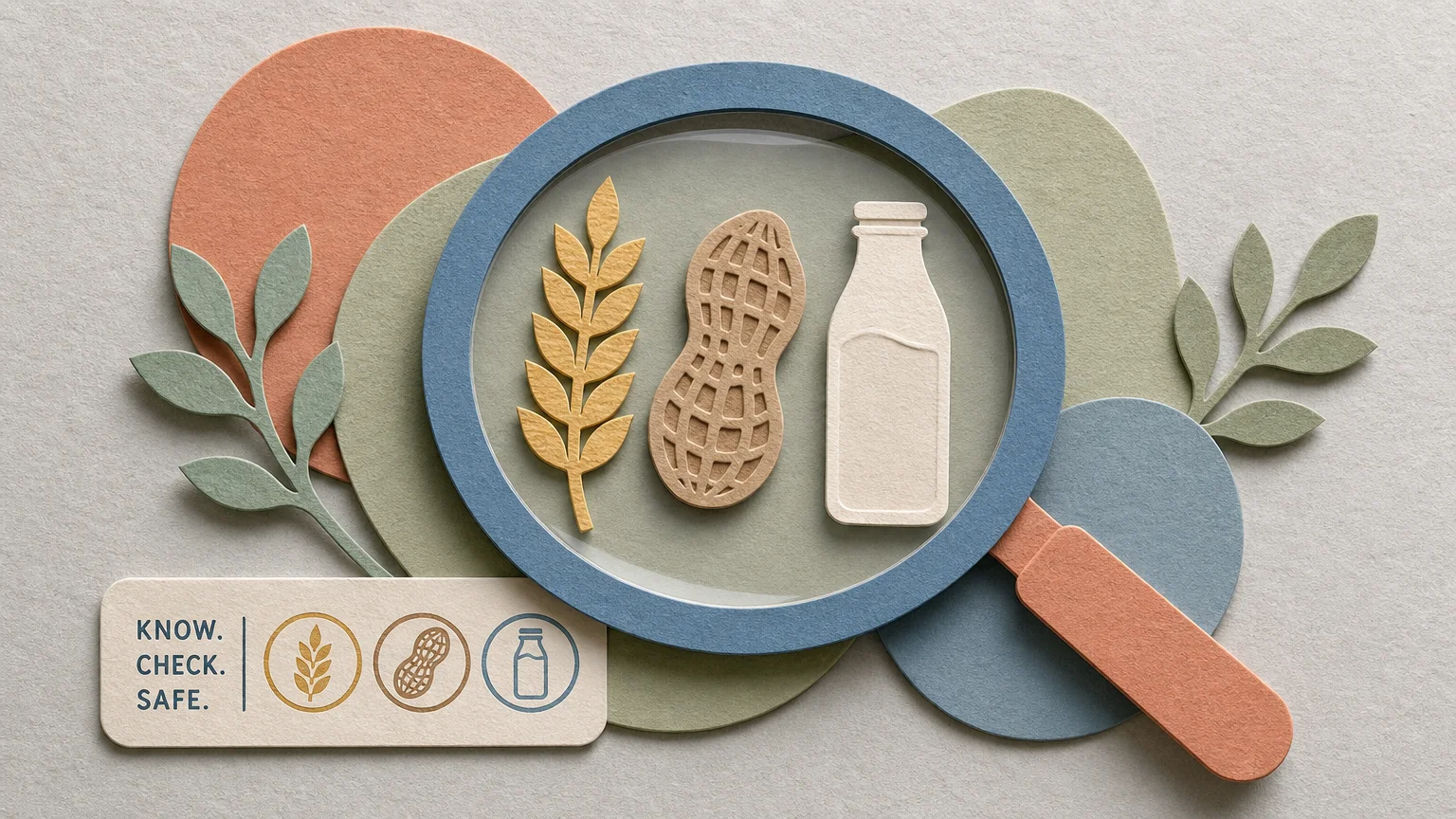 A paper-cut collage showing a magnifying glass inspecting stylized icons of wheat, a peanut, and a milk bottle.