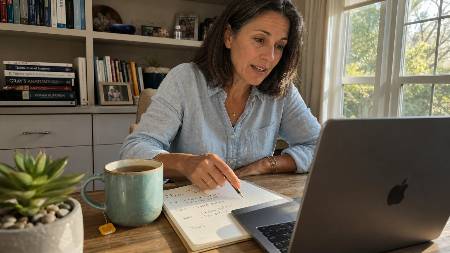 A person in a casual home setting having a video call with a health expert, with a meal plan notebook on the desk.