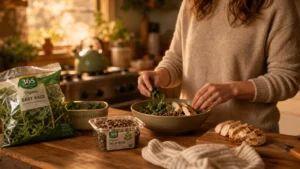 A person preparing a healthy bowl with pre-washed greens, pre-cooked rice, and sliced chicken in a warm, sunlit kitchen.