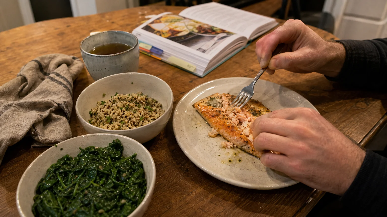 A person preparing a healthy dinner of trout and greens at a wooden kitchen table.