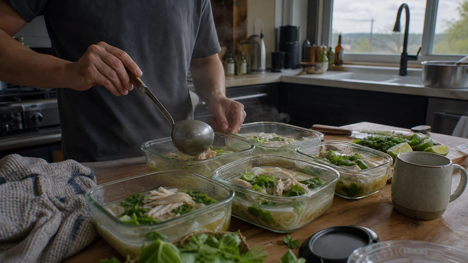 A person prepping small, healthy meals in glass containers on a wooden kitchen table in natural light.