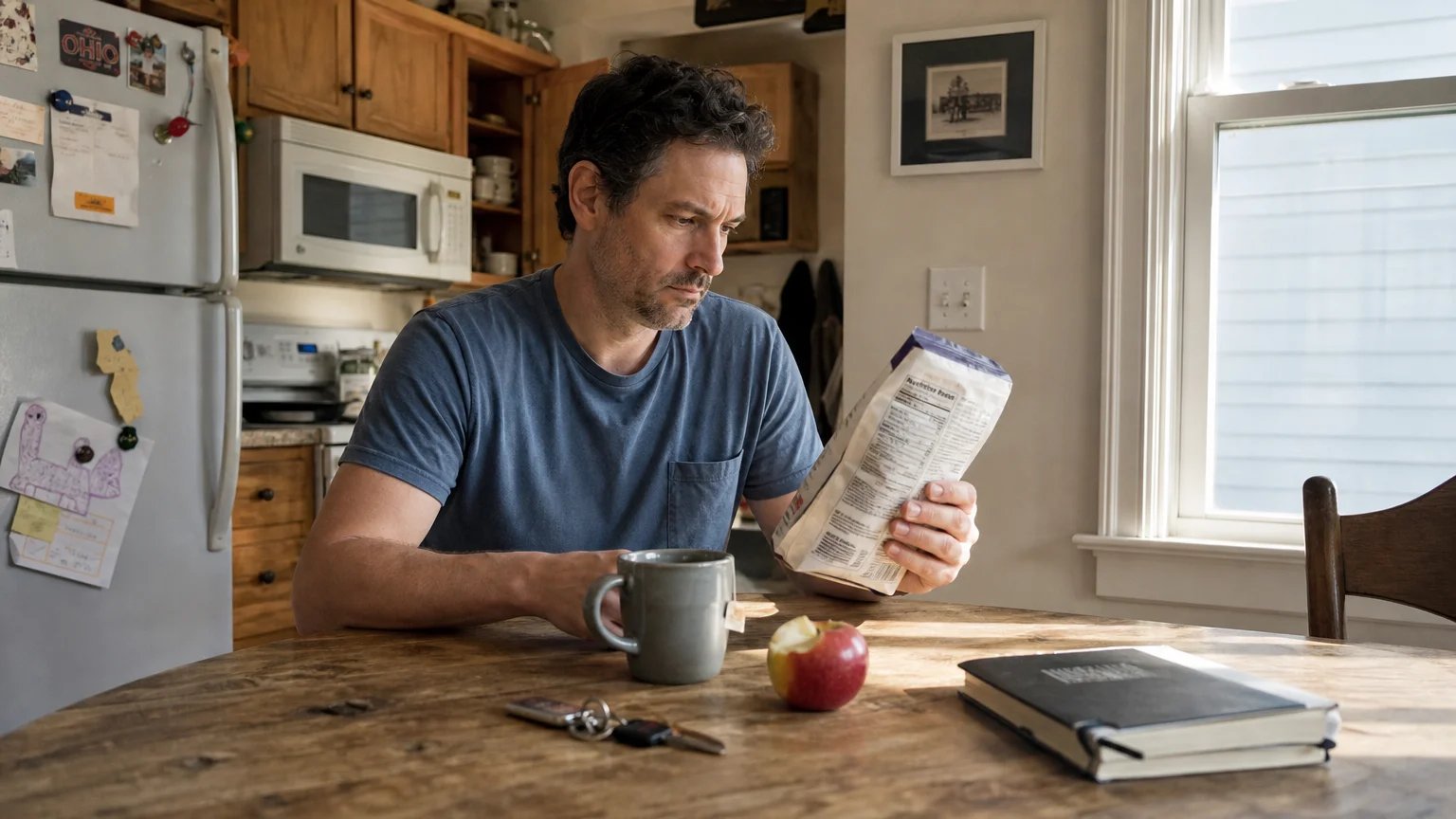 A person sitting at a kitchen table in natural morning light, carefully reading the nutritional label on a food package.
