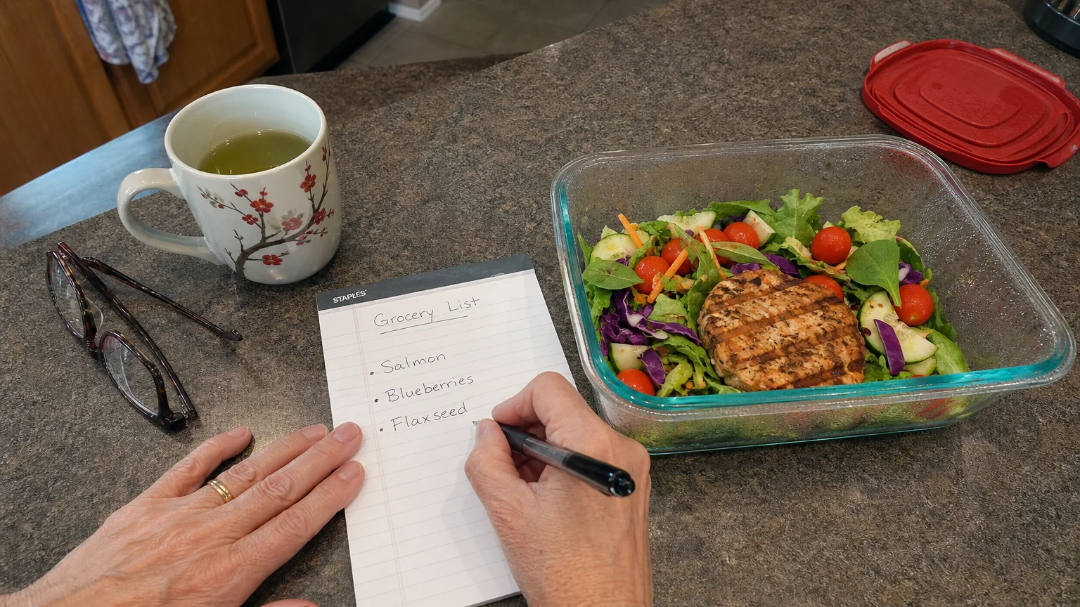 A person writing a grocery list next to a meal-prepped healthy lunch on a kitchen counter.
