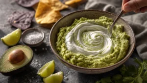 A rustic bowl of homemade guacamole with a swirl of creamy white Greek yogurt being mixed in, surrounded by fresh lime, avocado, and chips.