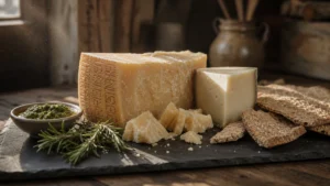 A rustic slate board featuring a large wedge of aged Parmesan, a block of Pecorino Romano, fresh rosemary, and a bowl of green pesto.