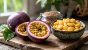 A rustic wooden cutting board with a sliced open passion fruit showing seeds and a bowl of yellow lupini beans in soft morning light.