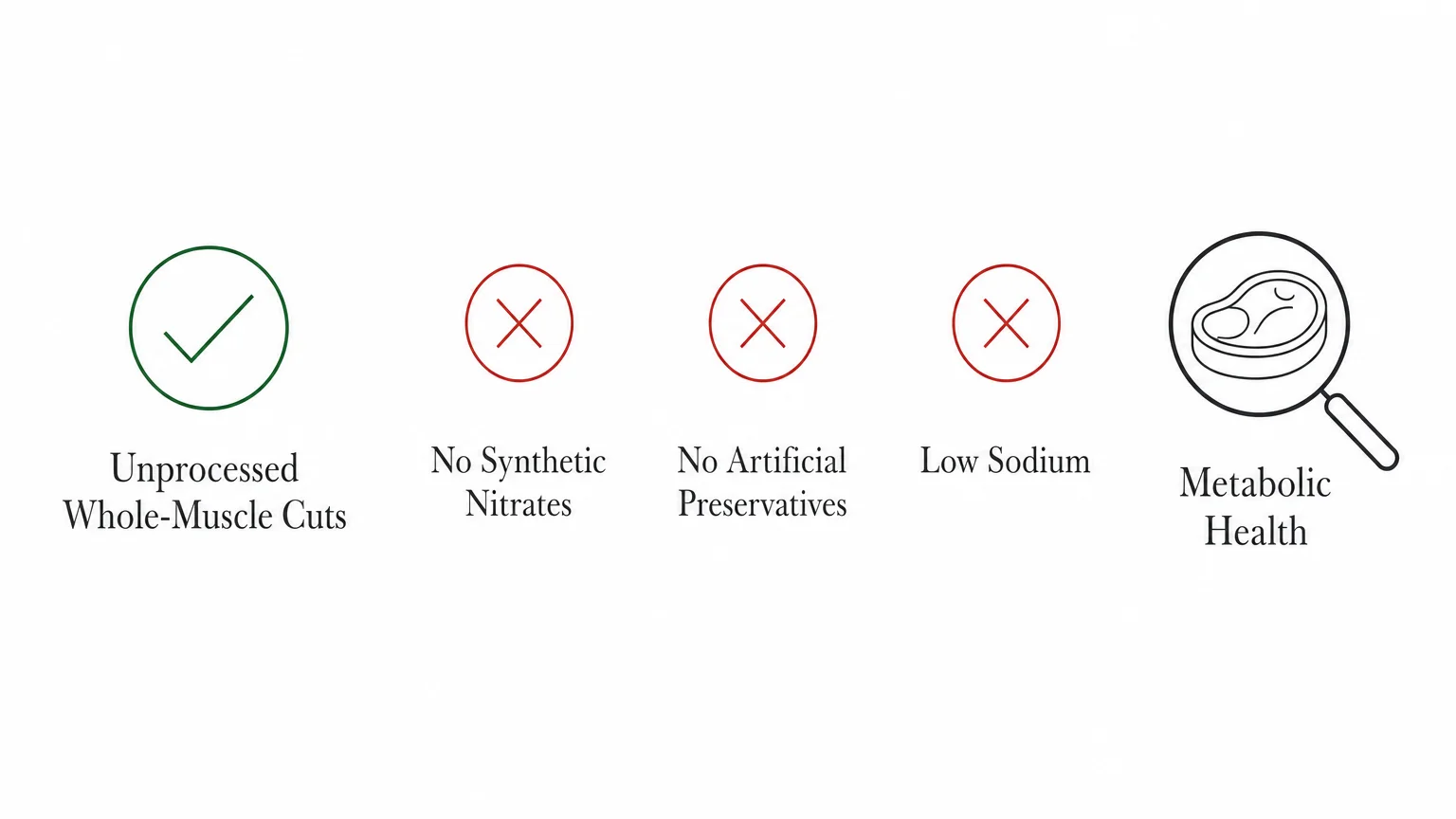 A safety infographic showing a checklist for healthy meat selection, highlighting the avoidance of nitrates and preservatives.