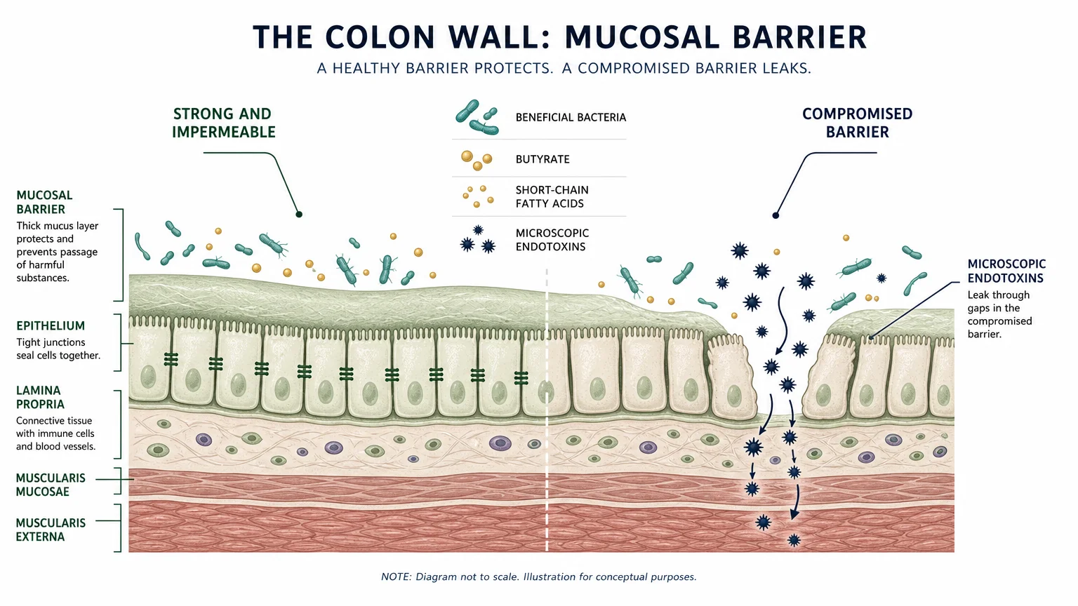 A scientific diagram showing the colon's mucosal barrier with labels for butyrate and beneficial bacteria.