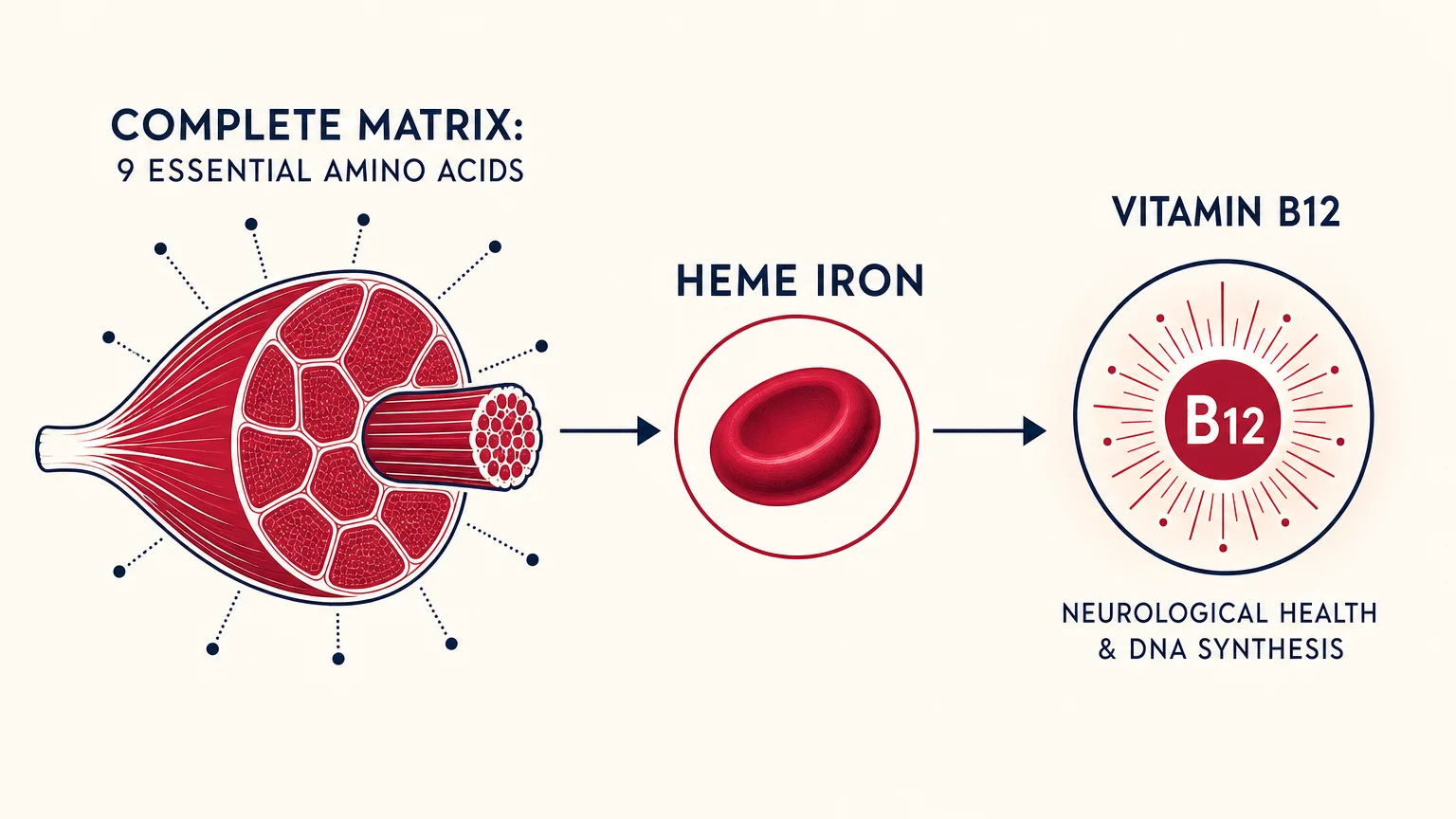 A scientific diagram showing the nutritional components of meat, including heme iron, vitamin B12, and essential amino acids.