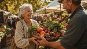 A senior woman in a cardigan smiles as she accepts a wooden basket of fresh vegetables from a local farmer at a sunny outdoor market.