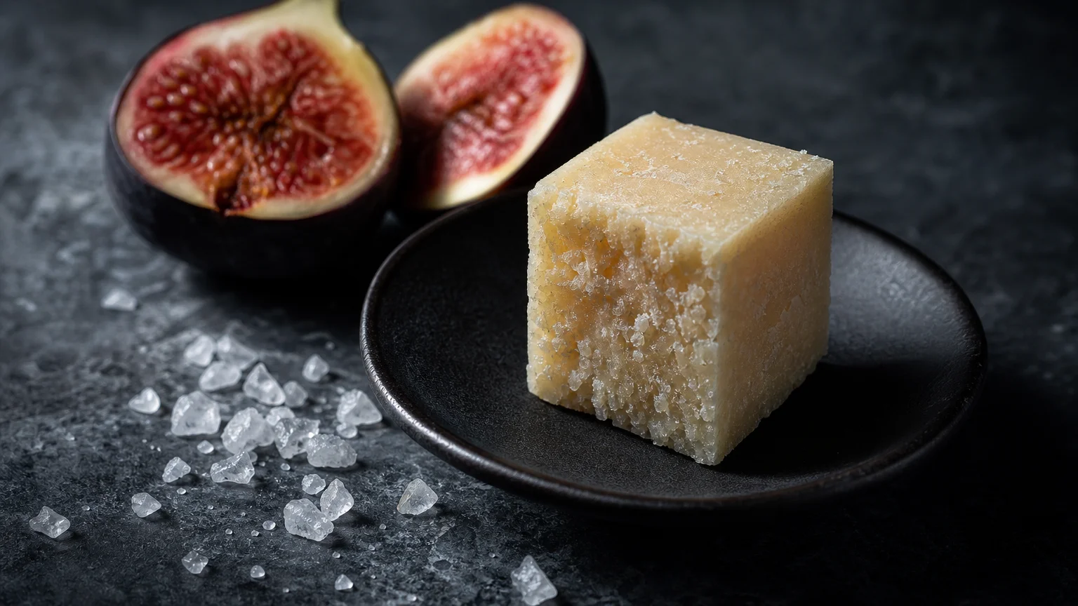 A single one-ounce block of crumbly Pecorino Romano cheese on a dark ceramic plate next to scattered coarse sea salt crystals.