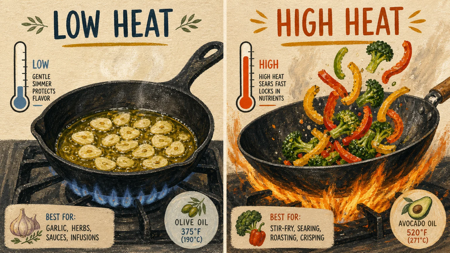 A split-panel illustration comparing gentle low-heat simmering in a skillet on the left with high-heat stir-frying in a wok on the right.