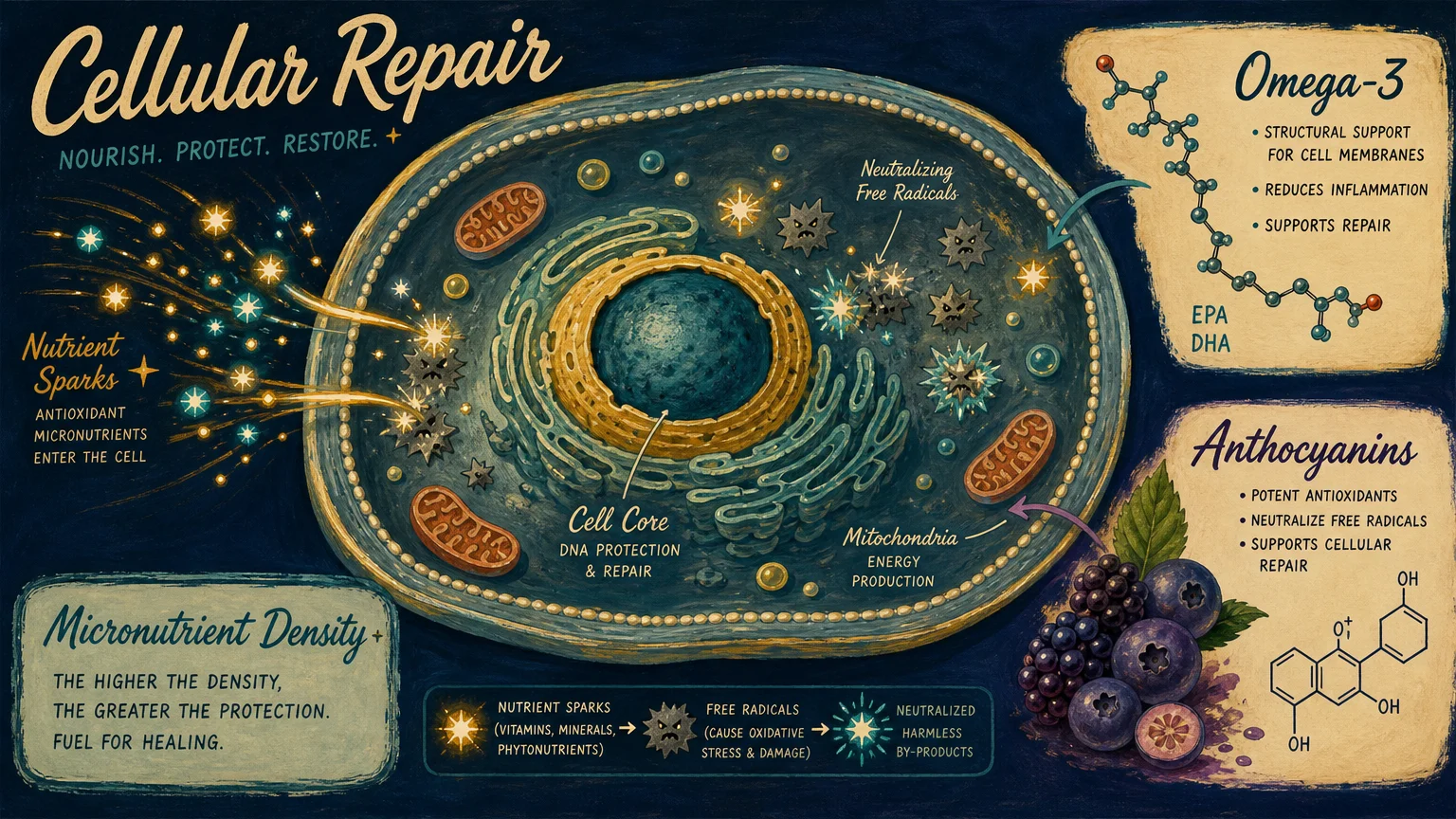 A stylized gouache illustration of a cell being repaired by colorful nutrients and antioxidants.
