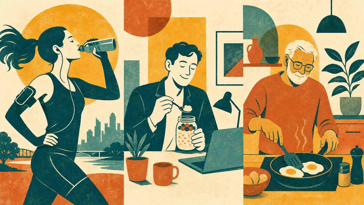 A stylized screenprint illustration depicting three different people successfully enjoying their personalized morning nutrition routines.