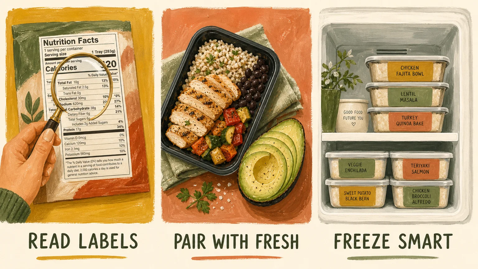 A three-panel gouache illustration showing strategies: reading labels, pairing with fresh sides, and freezing smart.
