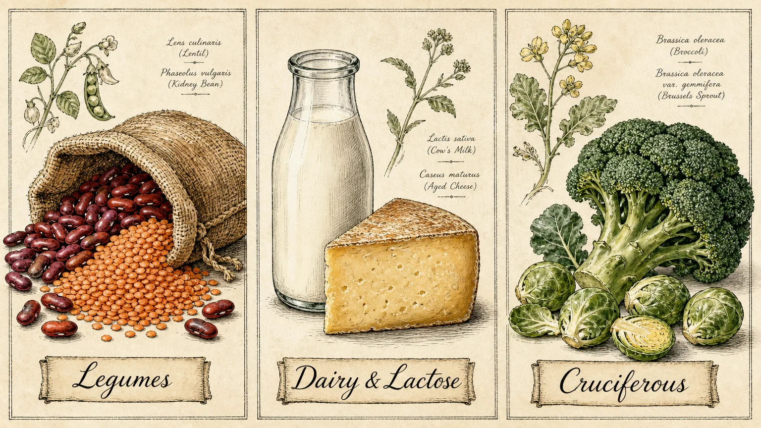 A three-panel watercolor illustration showing common bloating triggers: legumes, dairy products, and cruciferous vegetables.
