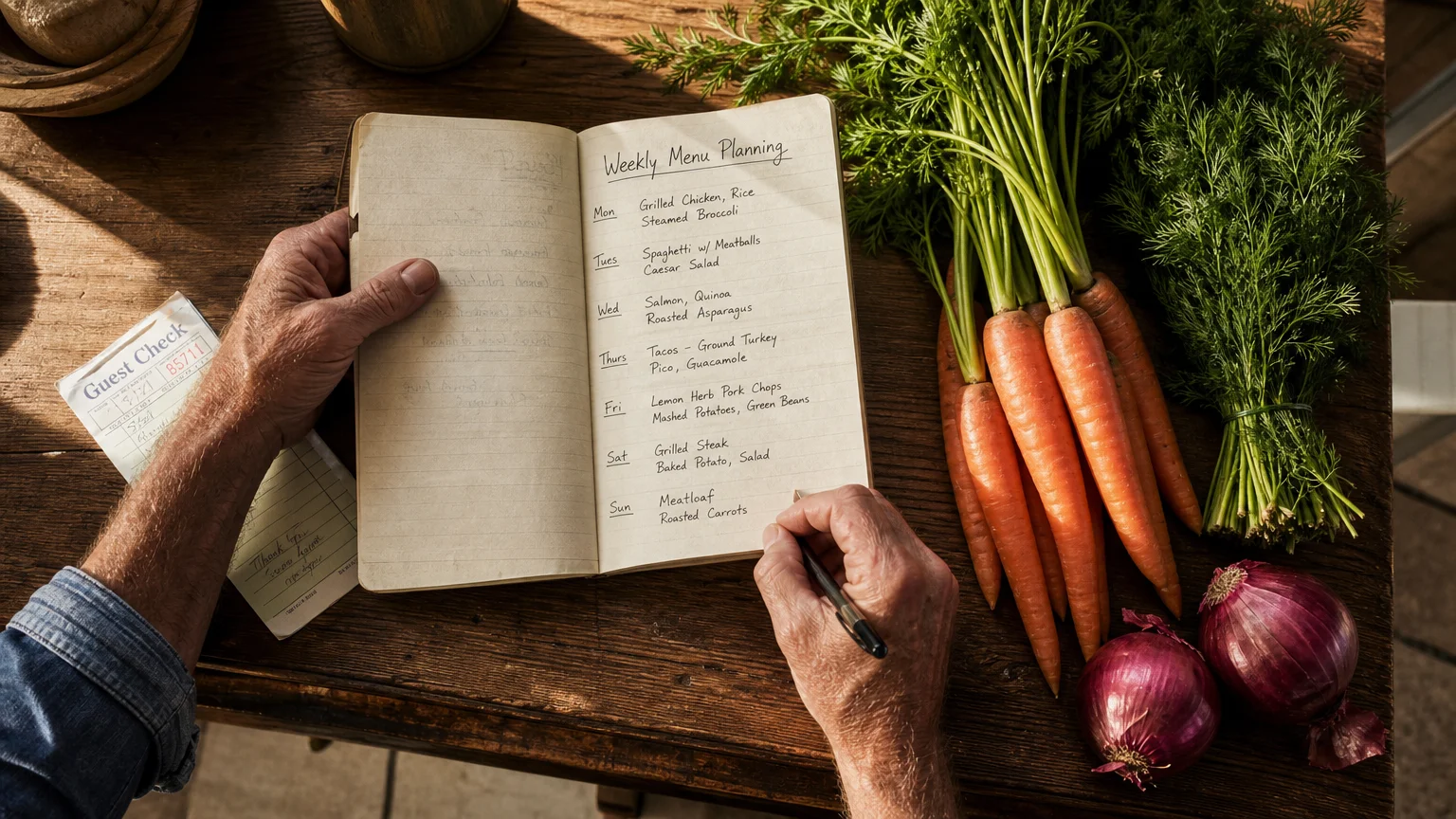 A top-down view of an older man's hands writing a weekly menu next to fresh carrots, dill, and a program benefit checkbook.
