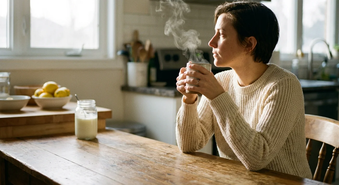 A warm, candid photo of a person sitting at a sunlit kitchen table holding a mug, reflecting on their health journey.