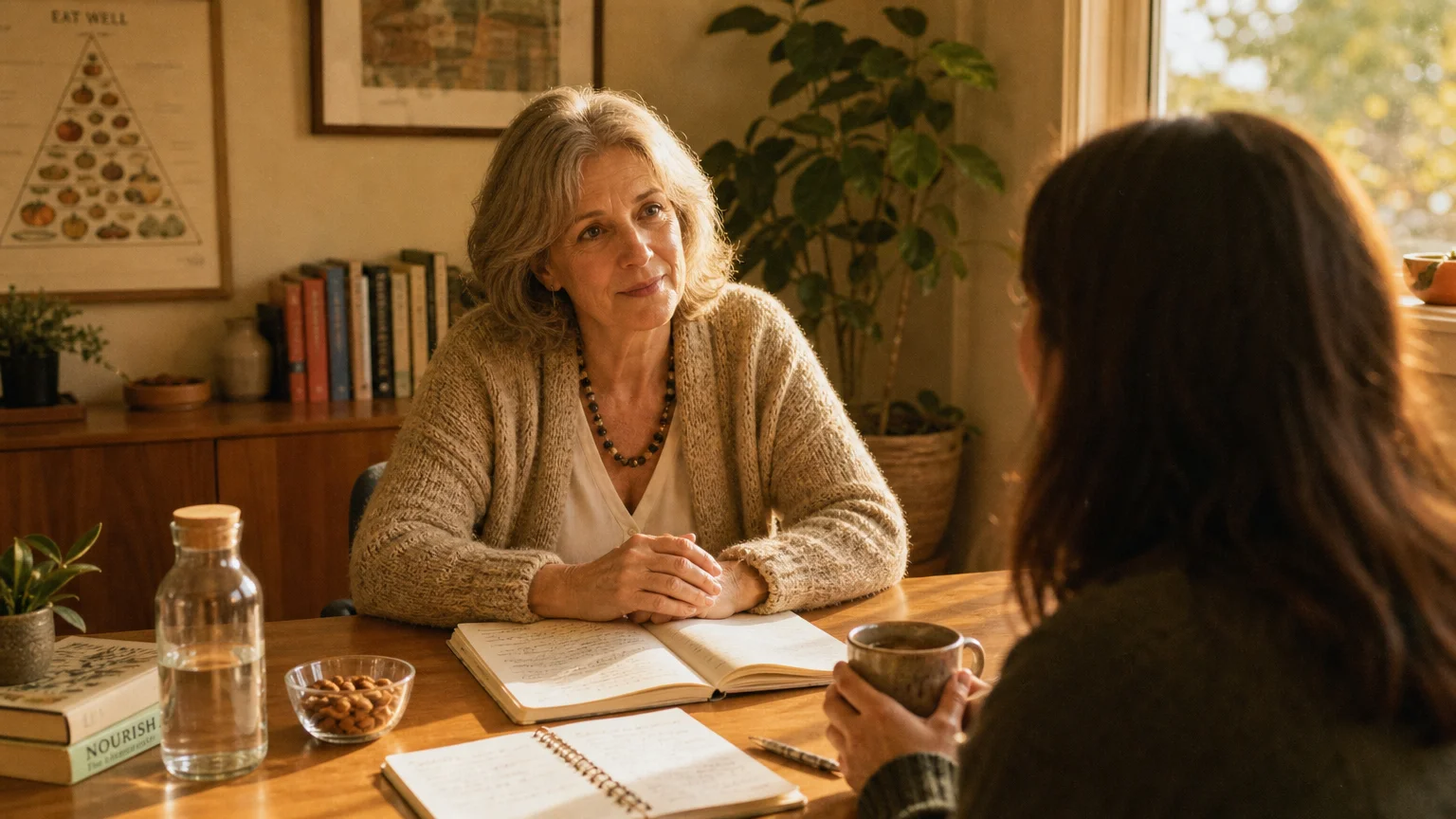 A warm, candid photograph of a dietitian in a cozy home office listening intently during a personal nutritional consultation.