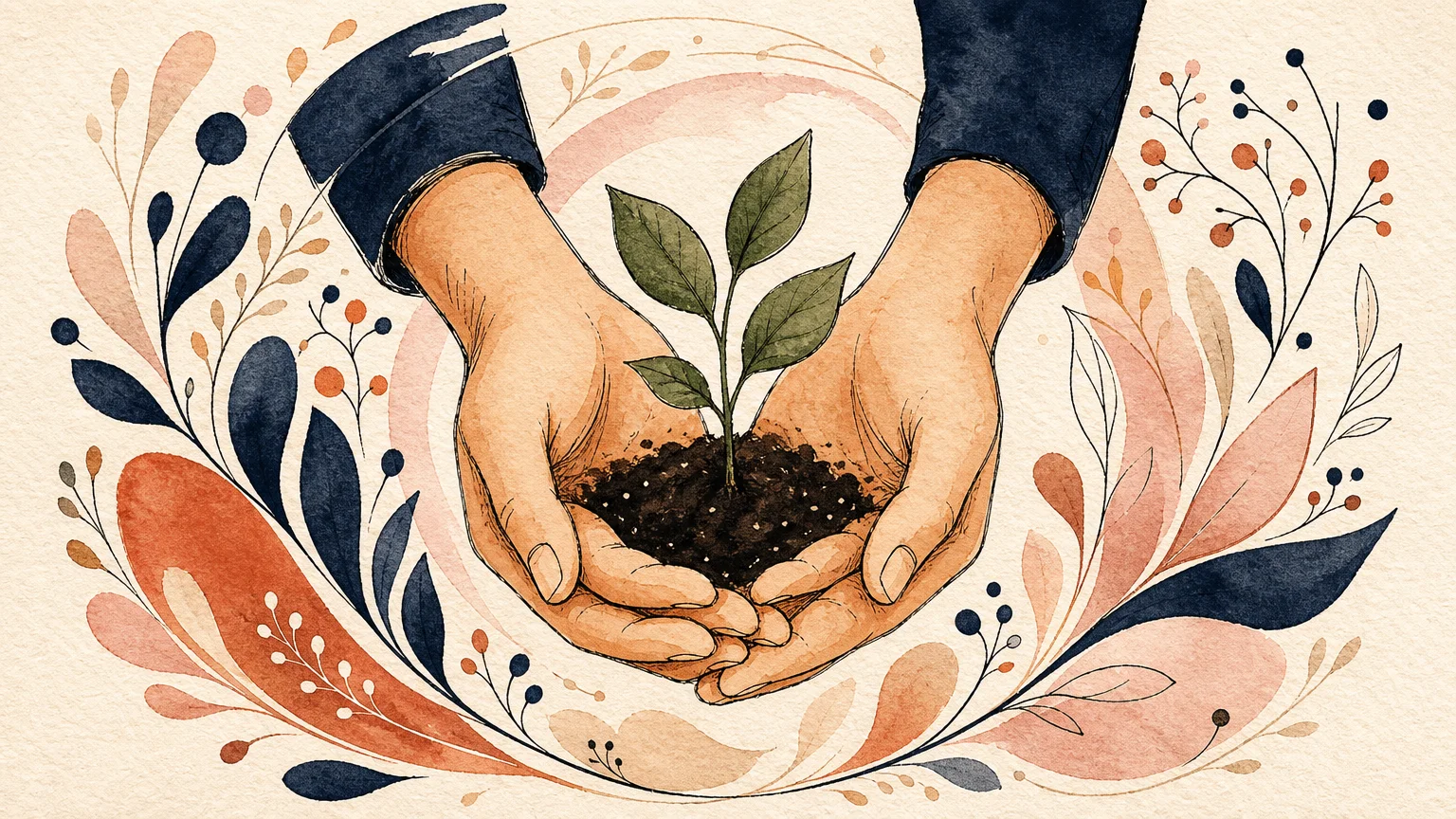A warm gouache illustration of two hands gently cradling a small green seedling, representing safety, growth, and professional support.