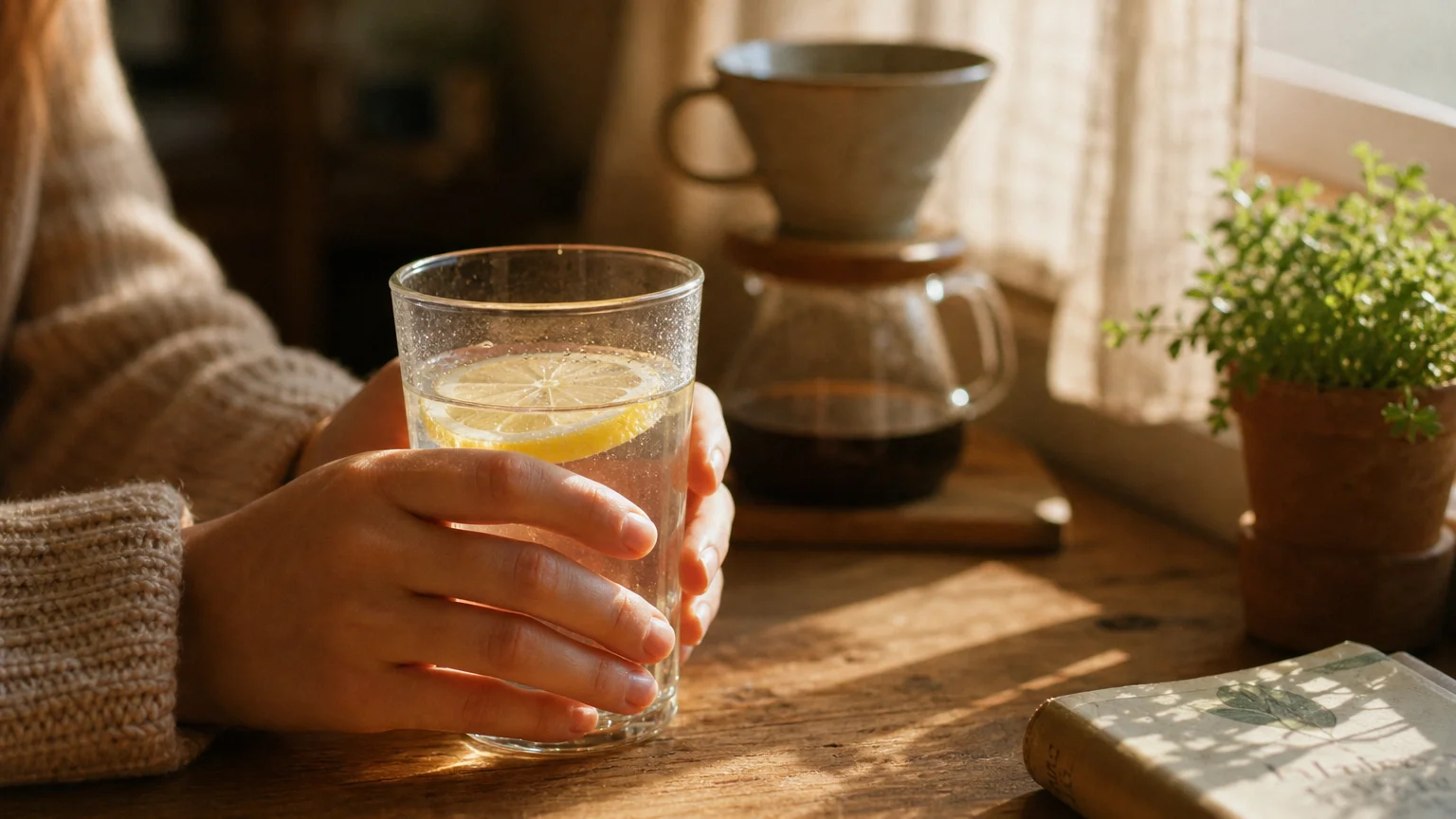 A warm, grainy film photograph of hands holding a large glass of lemon water on a sunlit wooden table in the quiet morning.