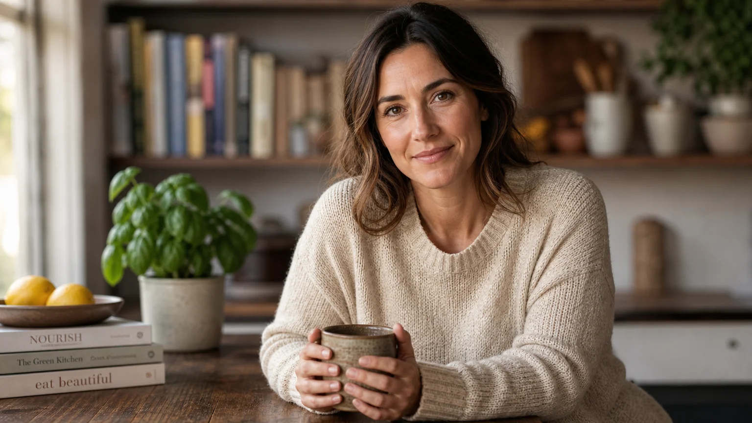 A warm portrait of a nutrition expert in a cozy knit sweater holding a mug in her sunlit kitchen.