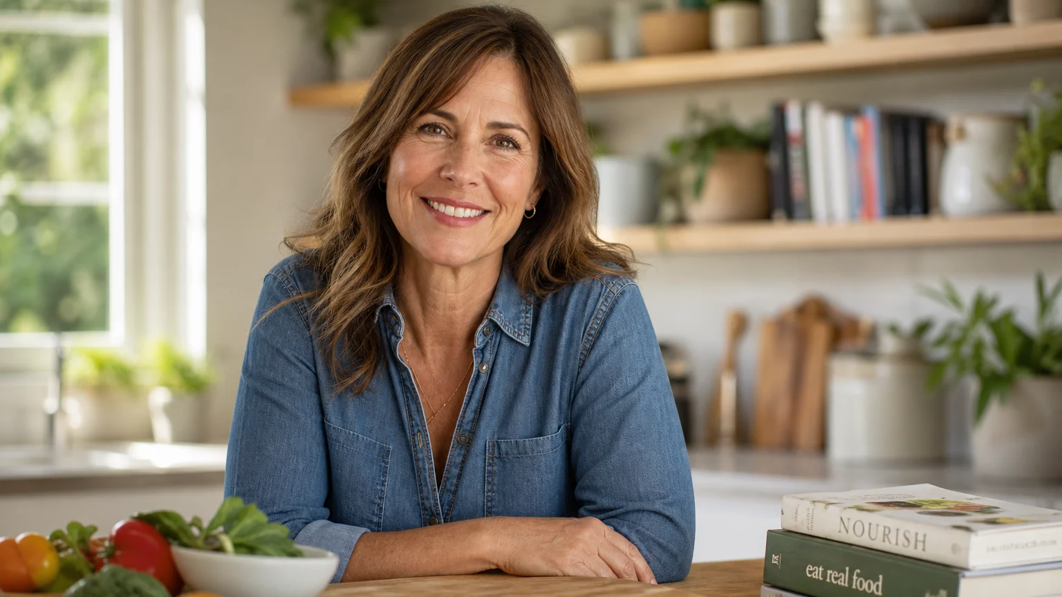 A warm portrait of a smiling female dietitian sitting at a wooden kitchen counter in a bright, plant-filled kitchen.