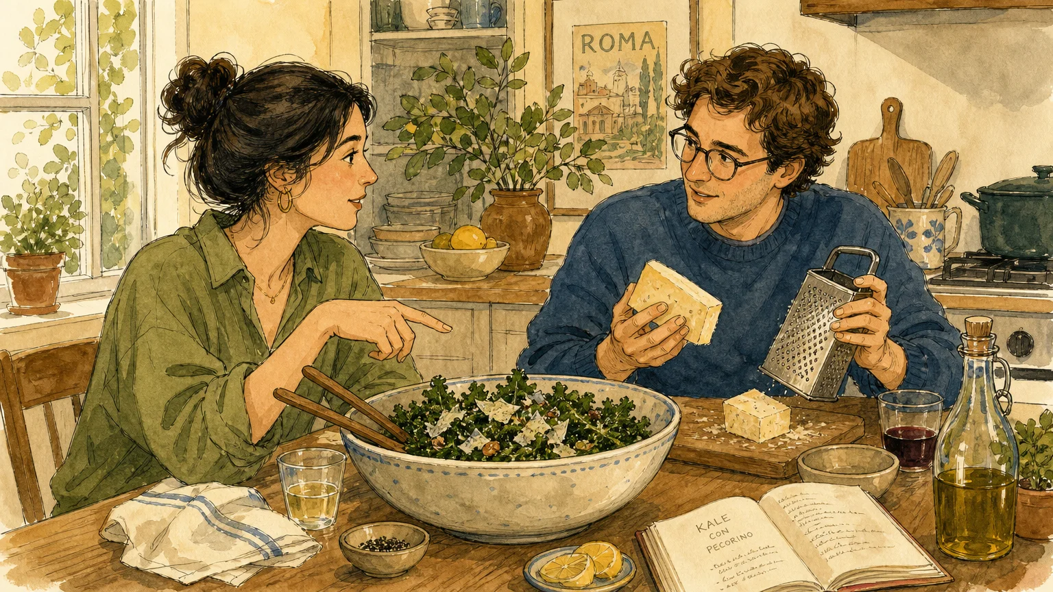 A warm watercolor illustration of two people at a sunlit kitchen table sharing food, salad, and a block of high-protein cheese.