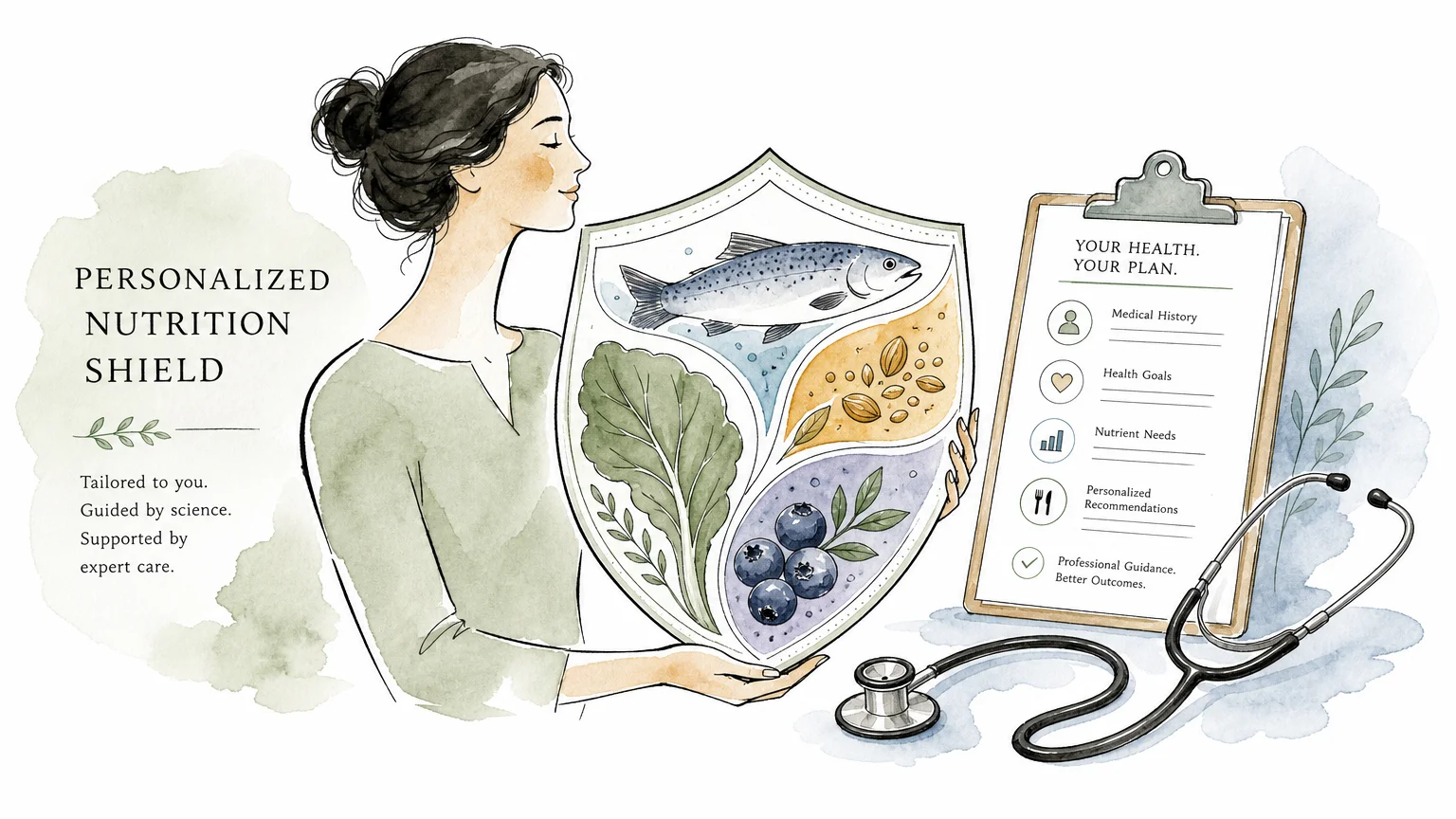 A watercolor and ink illustration representing the balance between personalized nutrition and medical safety.