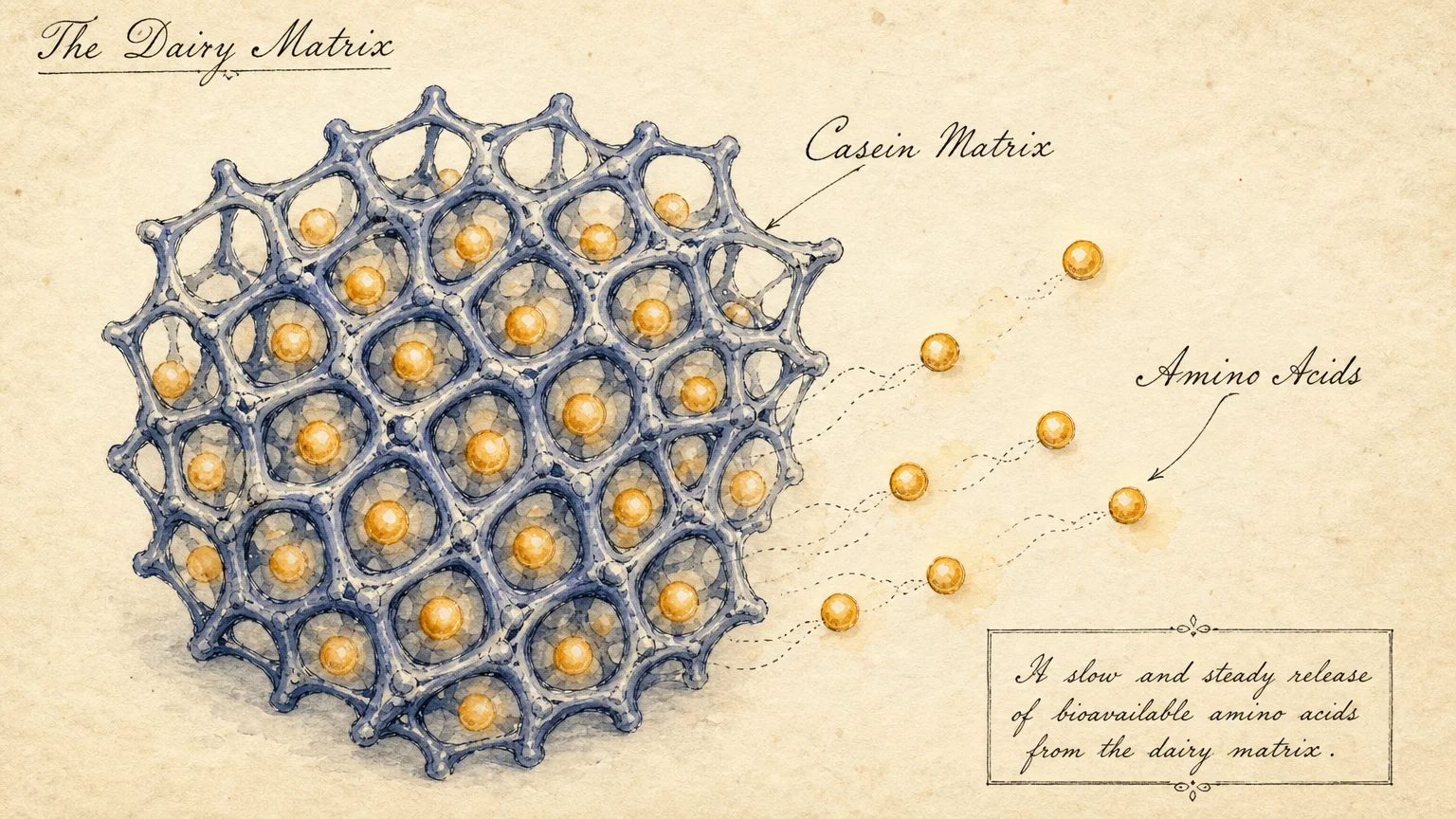 A watercolor and ink scientific illustration depicting amino acid spheres slowly releasing from a delicate blue casein protein matrix.