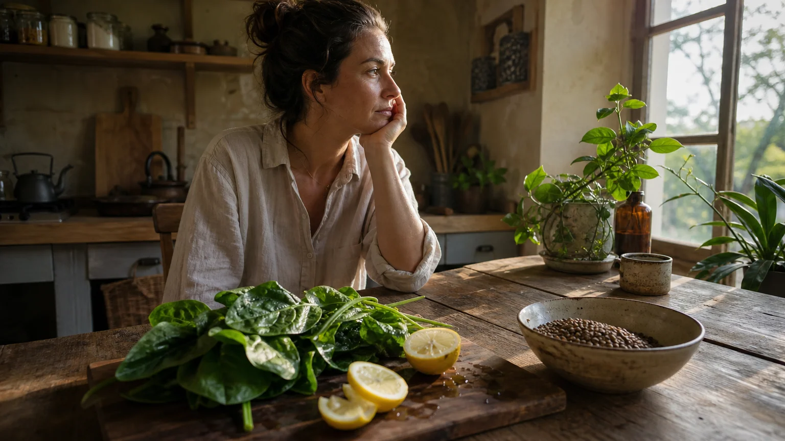 A woman at a sunlit kitchen table reflects on her fatigue, surrounded by iron-rich spinach, fresh lemons, and lentils.