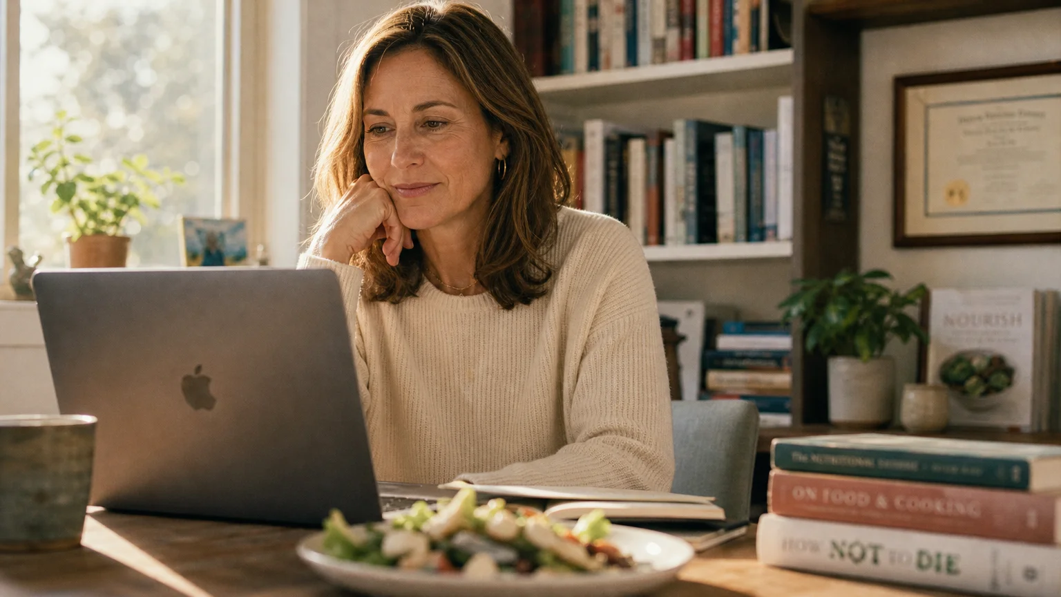 A woman nutritionist working at her desk in a sunlit home office with a healthy meal nearby.