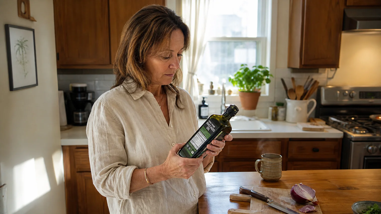 A woman stands in her sunlit home kitchen, carefully reading the nutritional label on a bottle of avocado oil.