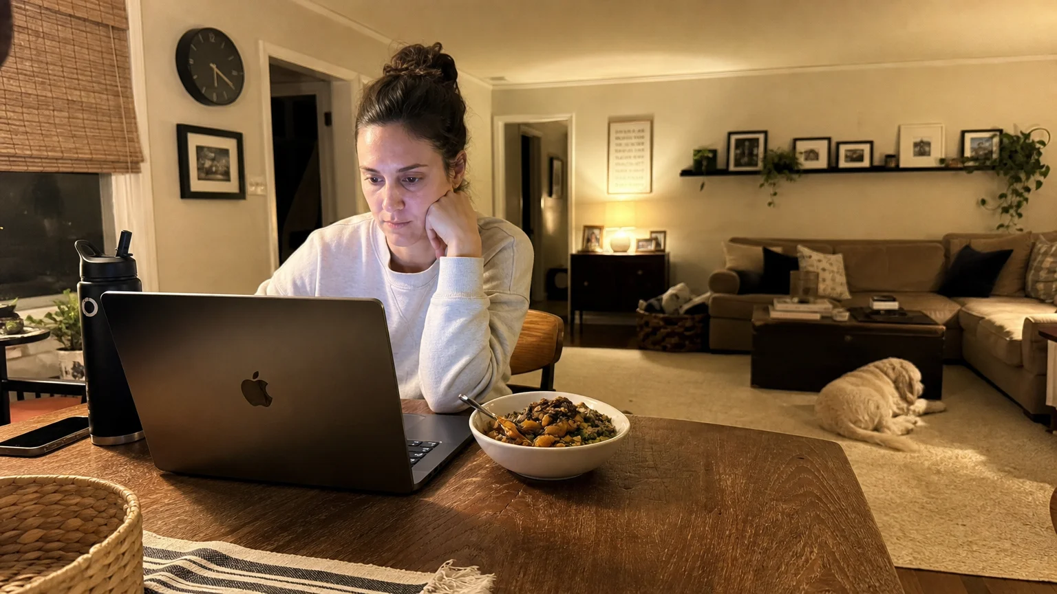 A woman working on her laptop at a dining table next to a healthy, pre-made grain bowl.