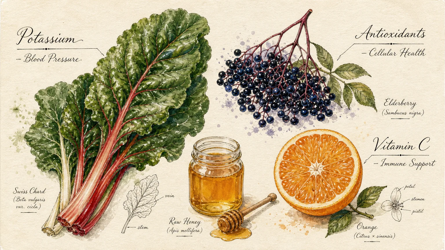 An artistic botanical illustration of chard, berries, and honey with clean calligraphy labels pointing out their health benefits.