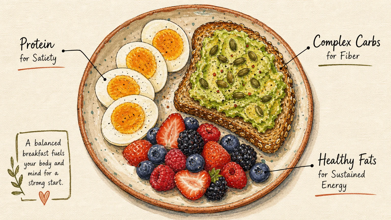 An artistic gouache illustration of a breakfast plate divided into labeled sections for protein, complex carbs, and healthy fats.