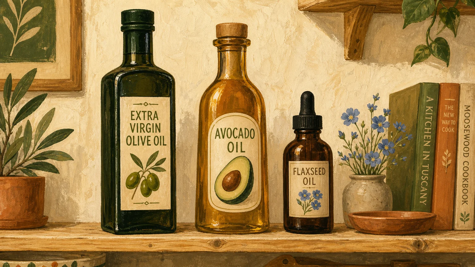 An artistic gouache illustration of olive oil, avocado oil, and flaxseed oil bottles arranged on a wooden kitchen shelf.
