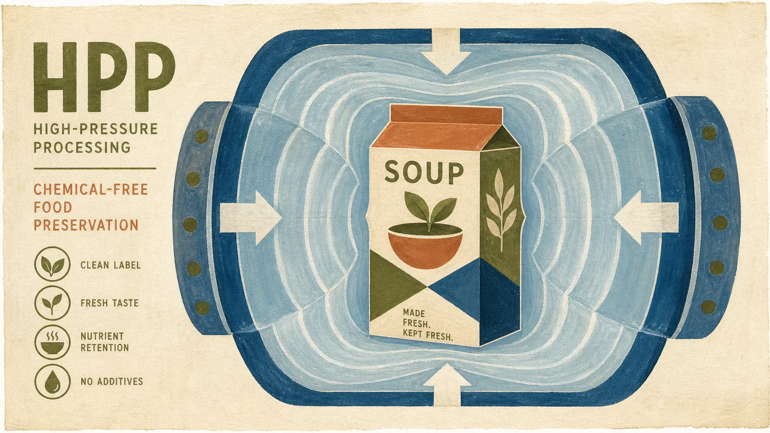 An artistic gouache illustration showing high-pressure water waves gently surrounding a packaged soup container.