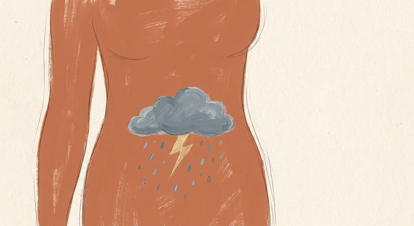 An artistic illustration of a torso silhouette with a stylized storm cloud in the abdomen, symbolizing digestive discomfort.