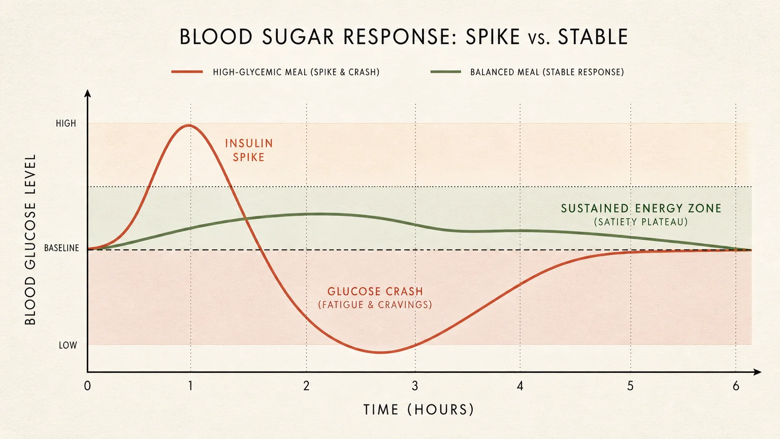An editorial diagram comparing a sharp blood sugar spike and crash from refined carbs against a stable energy curve from balanced nutrients.