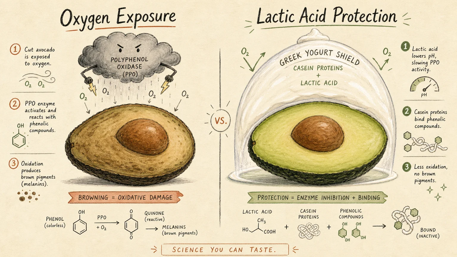 An editorial illustration showing a brown avocado under a storm cloud on the left, and a vibrant green avocado shielded by yogurt on the rig