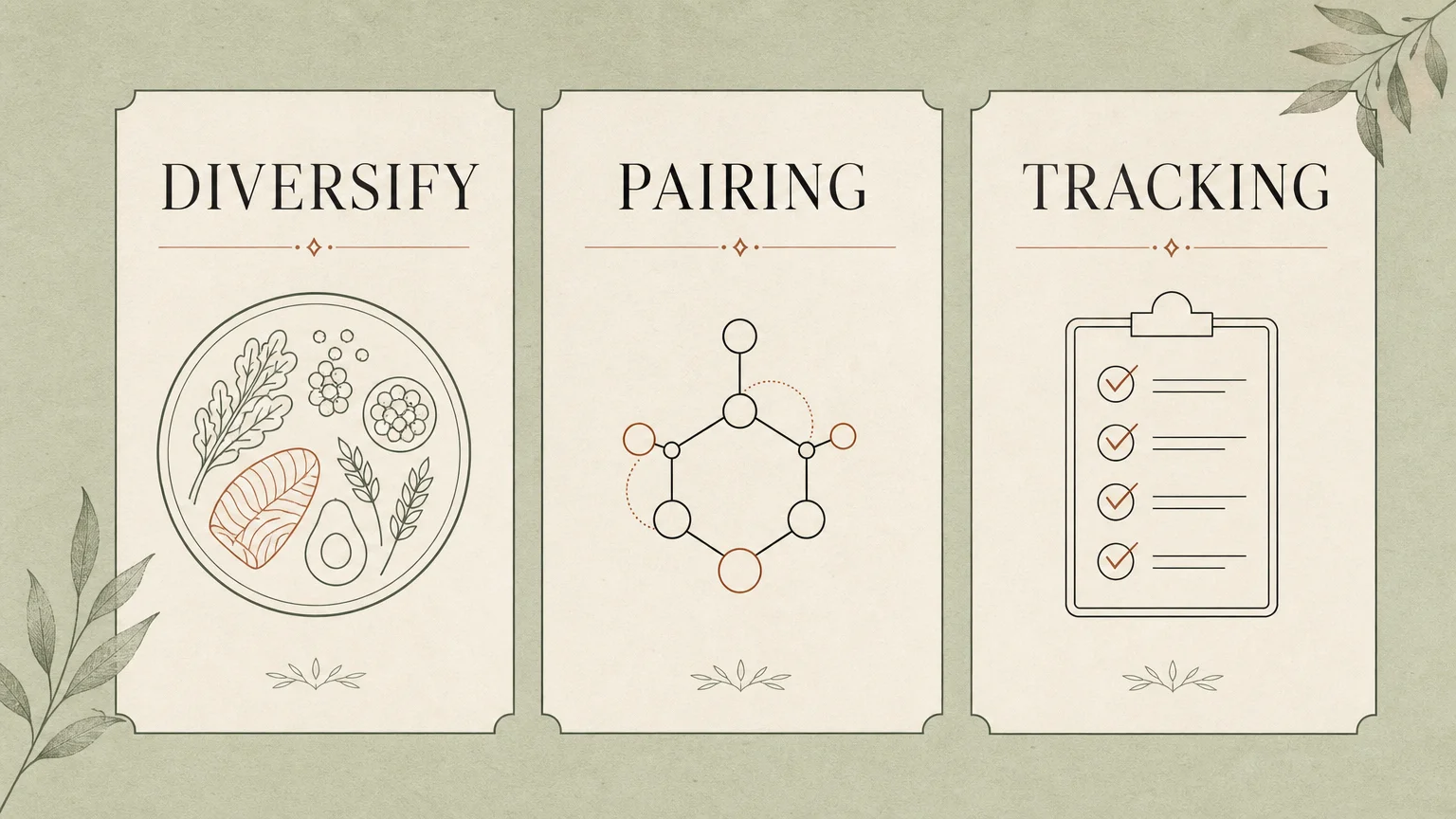 An editorial infographic outlining three columns labeled Diversify, Pairing, and Tracking, on a soft sage green background.