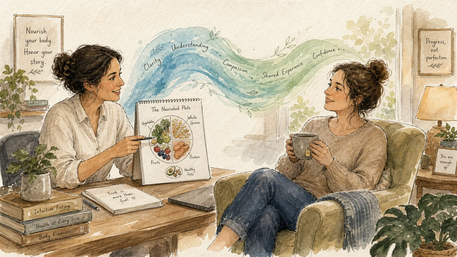 An editorial watercolor illustration of a dietitian and a patient having a warm, supportive conversation about gut health.