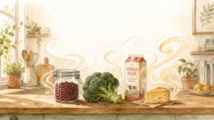 An editorial watercolor of kitchen ingredients—beans, milk, and broccoli—with soft, swirling vapor lines representing fermentation.