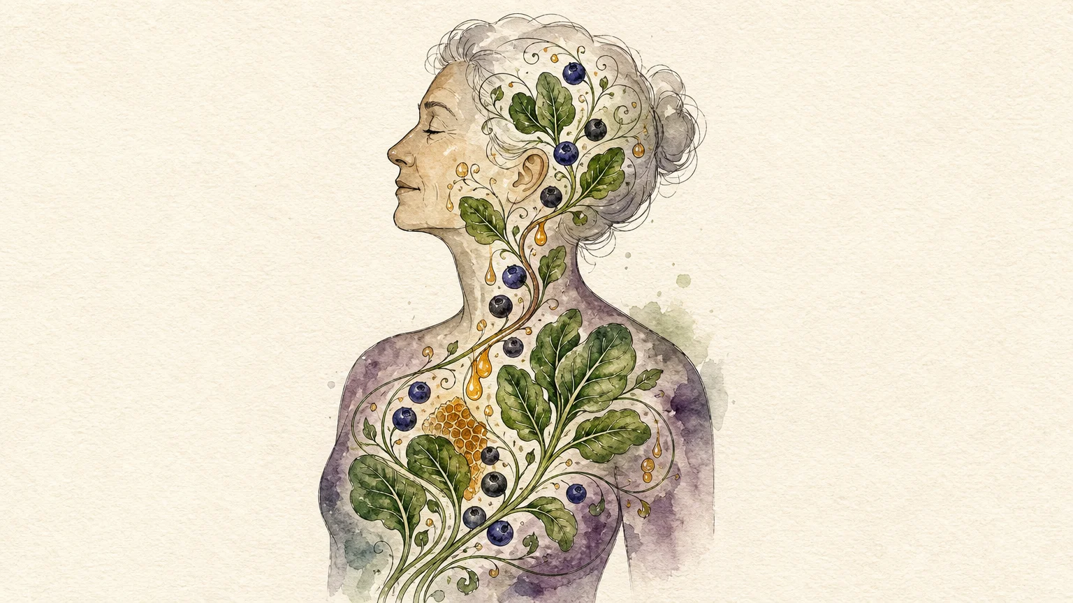 An elegant watercolor silhouette of a person filled with green leaves and berries, representing cellular health and vital nutrition.