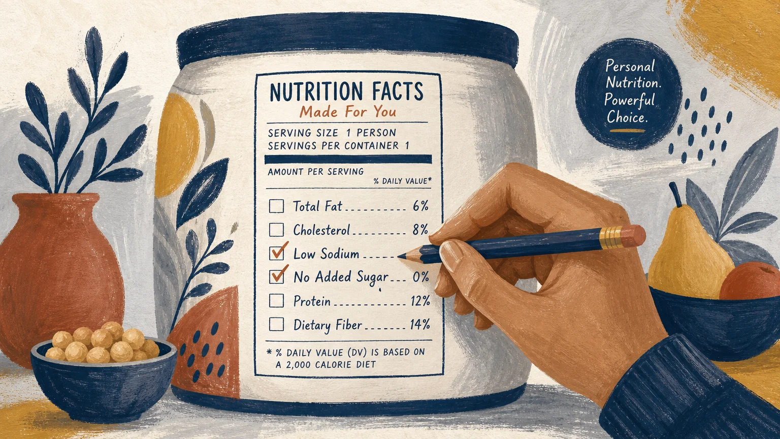 An illustration of a hand checking off 'Low Sodium' on an abstract nutrition label.