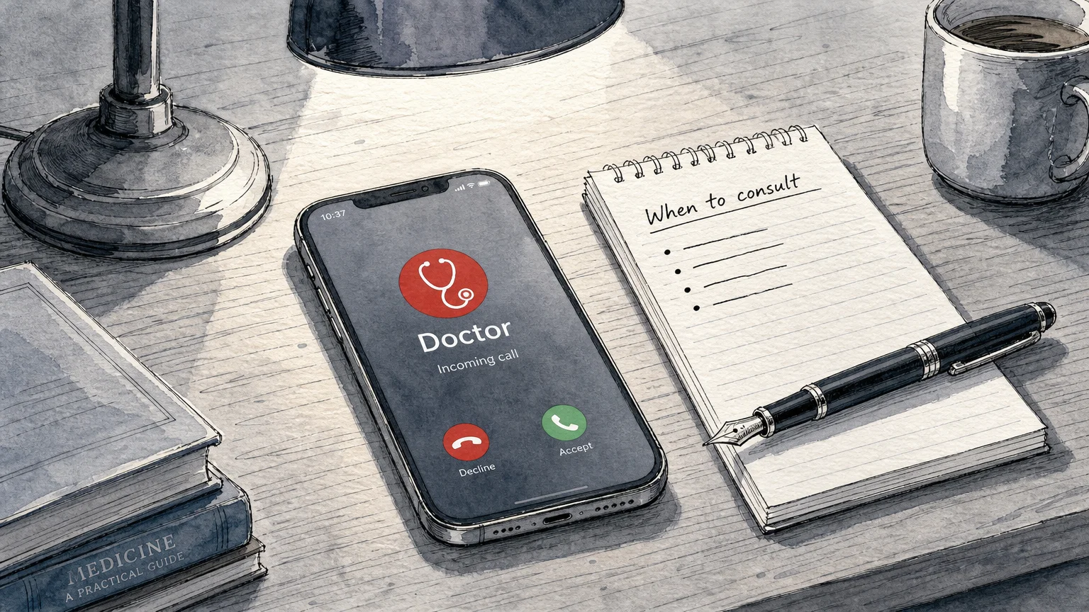 An illustration of a smartphone showing a call to a doctor and a notepad with questions on a desk.